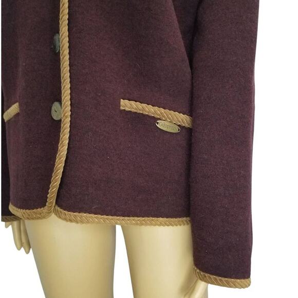Giesswein Made in Austria Burgundy Wine Color Wool Blazer with Brown Trim Size 8 - Picture 3 of 5